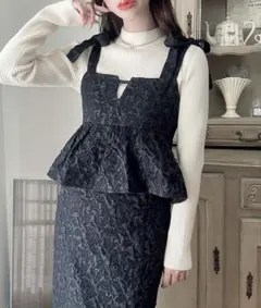 Meiru 肩リボン ジャガード ペプラム キャミ ワンピース