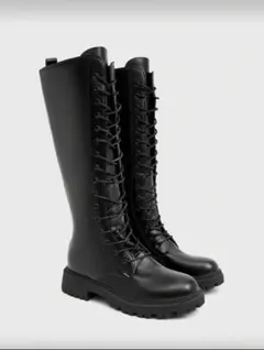 レースアップ厚底ロングブーツ ブラック