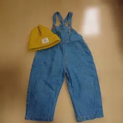 90cm デニムサロペットとニット帽セット