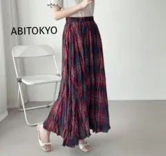 ABITOKYO チェック ロングスカート ウエストゴム 赤×ネイビー　Ｆ