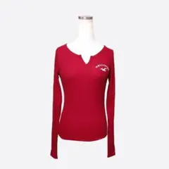 ★新品★ホリスター★ノッチネック長袖リブTシャツ (Red/M)