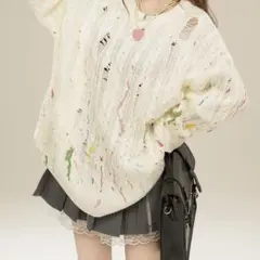 新品タグ付き【HOOK】ペイントプリントケーブル編みダメージニット