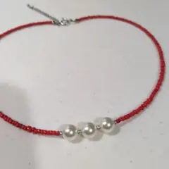 レッドビーズ パール調ネックレス ハンドメイド