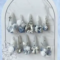 【セール】現品 ネイルチップ 薔薇 バラ スナ系 ブルー ワンホン 韓国