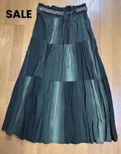 グリーン ティアードロングスカート L ウエストゴム ベルト付 ポケット付