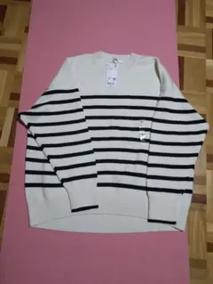 UNIQLO ボーダー クルーネックセーター 長袖 ホワイト L
