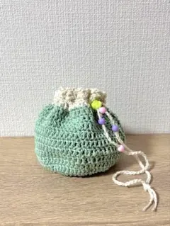 クリームソーダ風　巾着ポーチ　かぎ編み