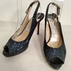 ジミーチュウ パンプス 37.5 ラメ グリッター オープントゥ ネイビー