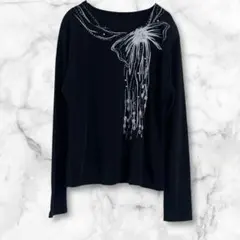 プリントTシャツ　長袖　薄手トップス　リボン　M〜L 伸縮性　ブラック