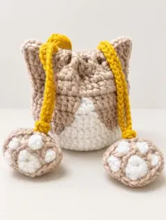 ハンドメイド かぎ針編み 猫の巾着袋 巾着ポーチ肉球付き♪