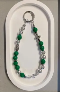 【No.38】スマホストラップ　グリーン　シルバー