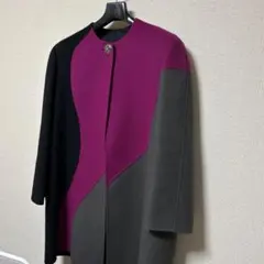 ✨美品✨️サントアンヌ✨️ウールコート L相当 紫 黒 グレー ウール マフラー付き