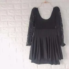 300円〜【美シルエット】総レーススリーブ 切り替えミニワンピース 黒　Ｓ位