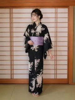 桂由美 浴衣 黒 白菊 モノトーン 花柄 綿 レディース フリーサイズのサムネイル