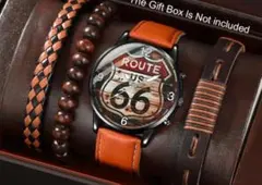 ルート66デザイン クォーツ腕時計とブレスレット【４点セット】