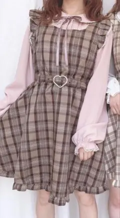 Honey Cinnamon チェックハートバックルジャンスカ ブラウン