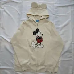 東京ディズニーリゾート ミッキー 耳付き ジップパーカー LL アイボリー 古着