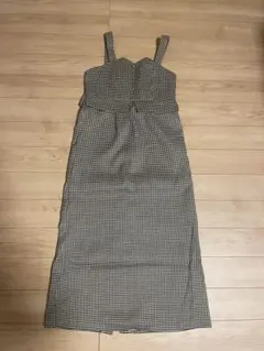 格子柄　ギンガムチェック　ブラウンキャミワンピース　フリーサイズ　後ろスリット入