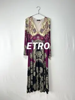 エトロETRO Vネック花柄ペイズリー長袖フレアロングワンピース 42
