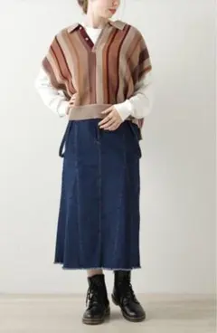 ダブルネーム ポロ襟ニットベスト ストライプ ブラウン系 綿 フリー ショート丈