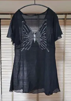 蝶の刺繍 シースルー 黒 トップス チュニック スパンコール M