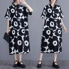 夏物新作 大人 おしゃれ＆カジュアル ゆったり プリントワンピース 折り衿