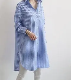 青 L　ストライプ　ロングシャツ　ワンピース　レディース　ブルー　水色