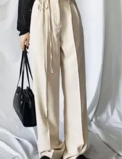 クリーム色リボン付きワイドパンツ