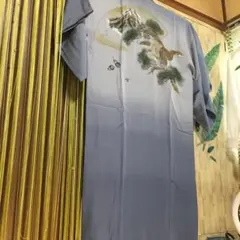 美品お宮参り用　男児青色 山と鳥模様 か着物