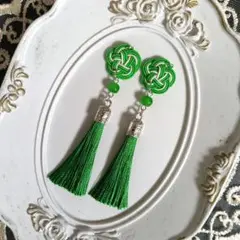 No.6306 水引 ピアス タッセル 緑 和 耳飾り 着物 全長約9cm