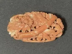 逸品★アンティーク 美しい天然ピンク本珊瑚 花竹彫刻 帯留♪