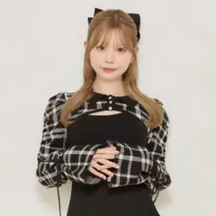 袖リボンニットアンサンブル ブラック フリー M