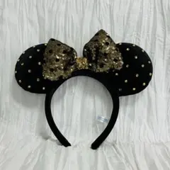 ディズニー ブラック×ゴールド スパンコールリボン カチューシャ ミニー