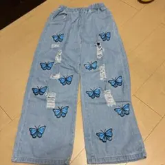 B419 デニムパンツ　SHEIN 青い蝶　ダメージデニム