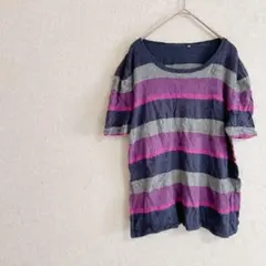 ストライプデザイン 半袖 Tシャツ ネイビー、グレー、ピンク ラウンドネック