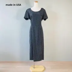80s USA製 ドット柄 レースアップ 半袖 ロング ワンピース N687