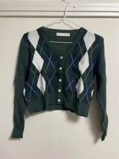アーガイル柄 ダークグリーン カーディガン　クロップド丈