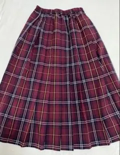 バーガンディ 赤色 チェック プリーツ ロング スカート
