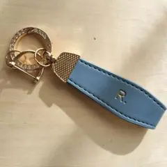 青いレザーのゴールド金具キーホルダー