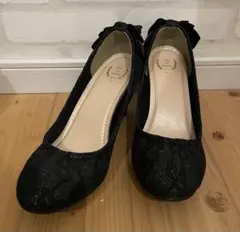 リボン付き黒パンプス Lサイズ　レースパンプス　結婚式　お呼ばれ