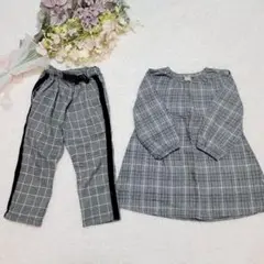 2枚セット 100 男女双子 グレー チェック ワンピース パンツ
