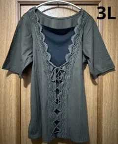 3L オリーブグリーン 半袖Tシャツ レースアップ レディース 大きいサイズ