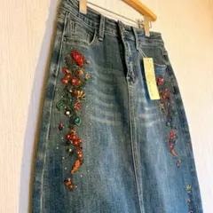 タグ付新品 デニムスカート 刺繍ビーズモチーフ 伸縮素材 Gパン クロイス