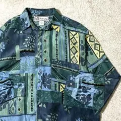 シルク100% 総柄シャツ 幾何学柄 ボタニカル パッチワーク調 90s 古着