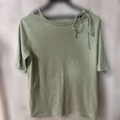 春服　しまむら　肩リボン付ライトグリーン　半袖　リブカットソー　L