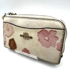 美品コーチ★レディースフラグメントケース 小銭入れ PVC＆レザー 本革 白花柄