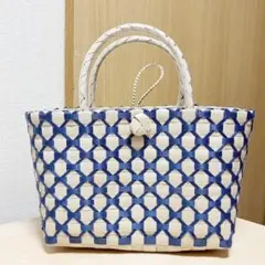かごバッグ 新品 台湾購入 メッシュ編み 青 ベージュ おしゃれ 軽量 夏