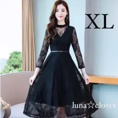 韓国 演奏会 XL フォーマル ドレス 黒 ワンピース 謝恩会 レース 結婚式