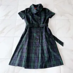 【入手困難】90s YORKLAND タータンチェックフレンチスリーブワンピース Yorkland - 希少 美品 Yorkland タータンチェック ワンピース 青