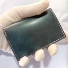 免許証入れ　レザー　ハンドメイド　二つ折り　ダークブルー　ピンクステッチ